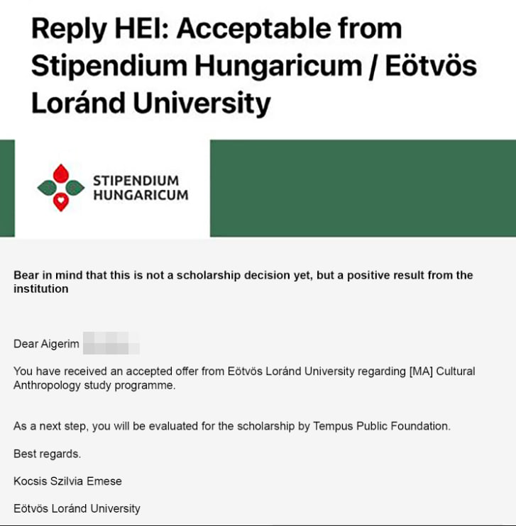 Письмо о зачислении Айгерим в Университет Этвёша Лоранда по программе Stipendium Hungaricum